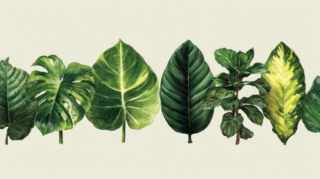 Assorted tropical foliage illustrations display various shades and patterns of green.