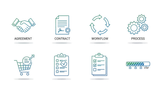 Business process icons: agreement, contract, workflow, process, shopping cart, checklist, progress bar