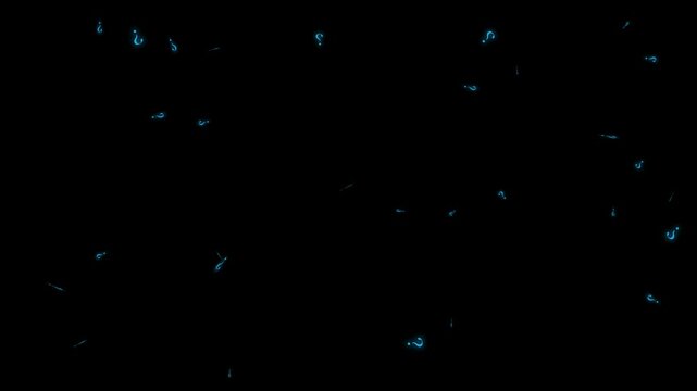 Colorful question marks rain slowly falling on black blackground, questions and doubts