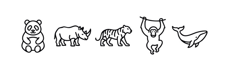 Outline Animal Icons: Panda, Rhinoceros, Tiger, Orangutan, and Whale © liubomir118809