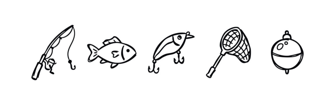 Set of 5 hand-drawn fishing icons in black outline on white background