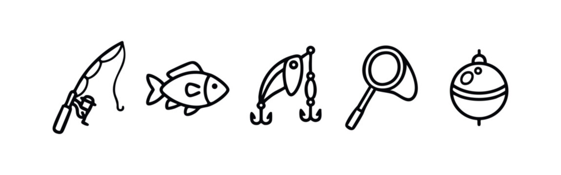 Set of 5 clean line icons for fishing on white background