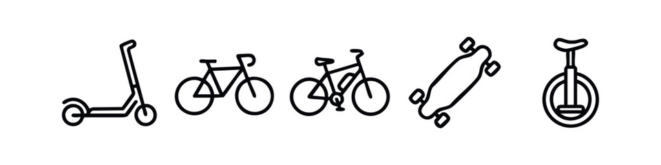 Line art icons of transportation: scooter, bicycles, skateboard, unicycle © liubomir118809