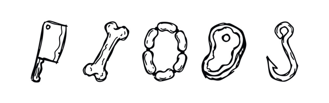 Butcher and food icons: cleaver, bone, sausages, steak, hook