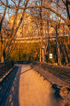 Beautiful park at sunrise time on Volodymyrska girka park in Kyiv, Ukraine