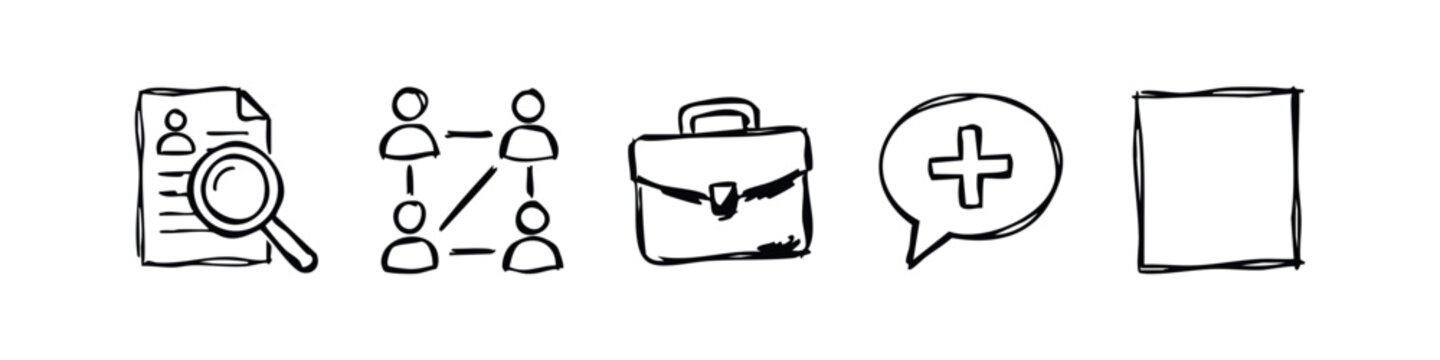 Business and Document Icons: Magnifying Glass, Org Chart, Briefcase, Plus Symbol, Document