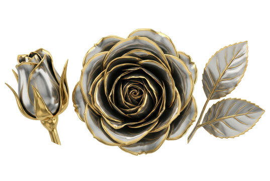 Metallic silver rose flower and bud with gold edges isolated clipart.