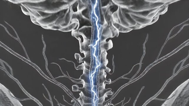 Abstract 3D CGI rendering of red textured biological tissue with clusters of blue spherical cells representing scientific research or medical visualization