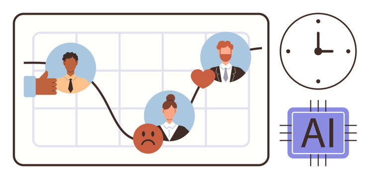 Workforce analytics, emotional tracking, decision-making, AI trends, HR optimization, and time management. Graph with faces, clock chip and reactions. Workforce analytics and emotional tracking