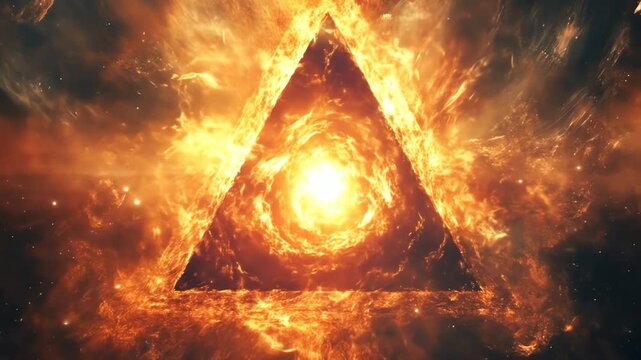 Fiery triangle in abstract space with radiant energy and stellar background