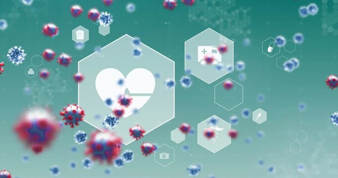 Animation of confetti falling and network of connections with icons