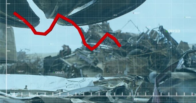 Animation of statistical data processing over grid network against crane operating at junkyard