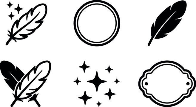 Black and white feather and sparkle line art with decorative label vector icons