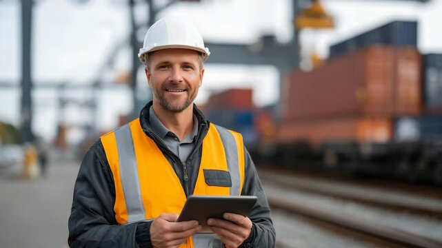 Dynamic composition of a smiling logistics worker standing on railway tracks, tablet held in front, stacked cargo containers and shipping cranes forming strong leading lines, warm