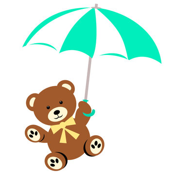 Cute Teddy Bear Holding Turquoise Umbrella Illustration for Baby Nursery and Kids