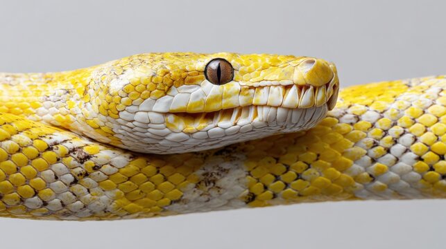 Close-up of a yellow python with detailed scale patterns and intense gaze