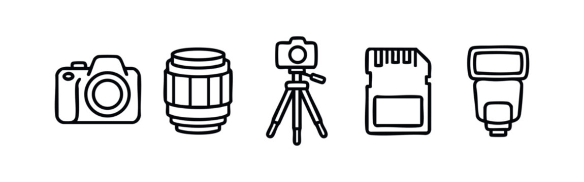 Icon Set: DSLR Camera, Camera Lens, Tripod, SD Card, Speedlight Flash
