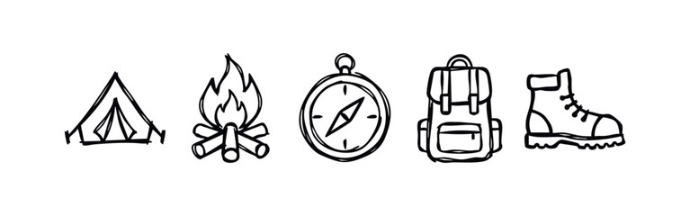 Obraz na płótnie Canvas Hand-drawn camping and hiking gear doodle icon set, includes tent, campfire, compass, backpack, and boot.
