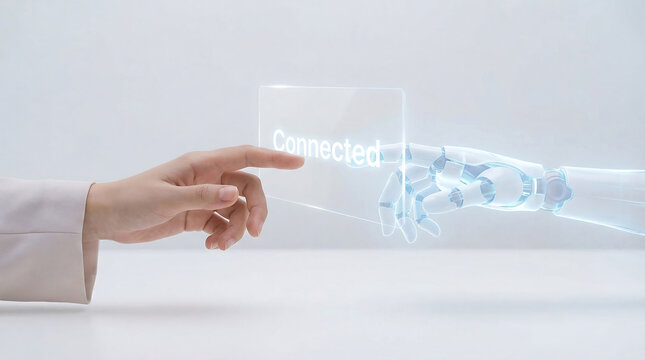 A human hand connecting with a robotic hand through a transparent screen displaying the word 'Connected'