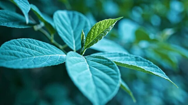 Close-up view of a cluster of teal-colored leaves showing intricate vein patterns and serrated edges against a soft bokeh background of dark green and blue tones.