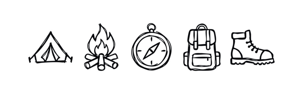 Hand-drawn camping and hiking gear doodle icon set, includes tent, campfire, compass, backpack, and boot.