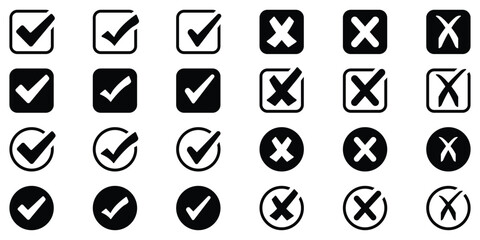 check mark icon button set. check box icon with right and wrong buttons and yes or no checkmark icons in green tick box and red cross. eps 10 © Hike Studio 444
