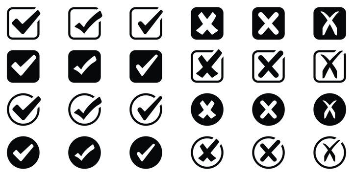 check mark icon button set. check box icon with right and wrong buttons and yes or no checkmark icons in green tick box and red cross. eps 10