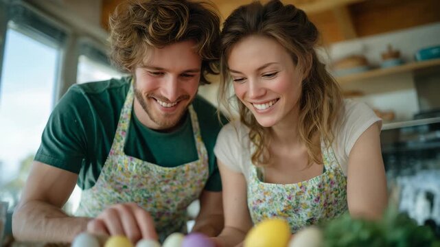 Dynamic shot of a couple working together on preparing a meal, vegetables, bread, and colorful ingredients spread on a bright kitchen island, Easter-themed decorations in soft focu