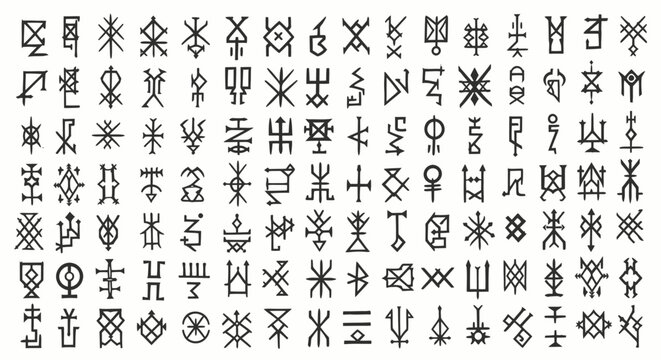 Hand Drawn Tribal Symbols Set, Ethnic Geometric Glyphs and Abstract Icon Collection on White Background