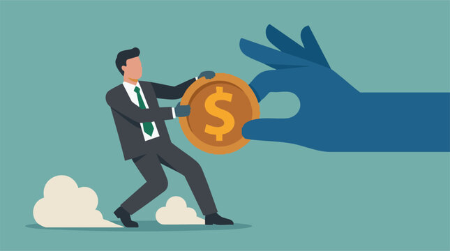 Businessman in tug-of-war for money against a large, powerful hand