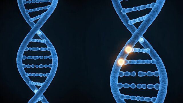 Biologically Accurate 3D CGI Medical Animation of Double Helix DNA Structure and Gene Mutation with Glowing Orange Highlights on Dark Background