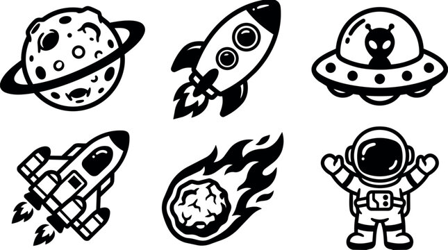 Black and white space icons including rocket alien asteroid and astronaut vector art
