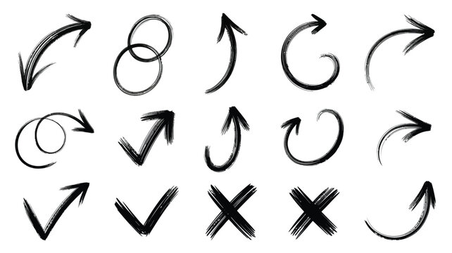 Collection of hand drawn black arrows swirls and checkmarks on a white background