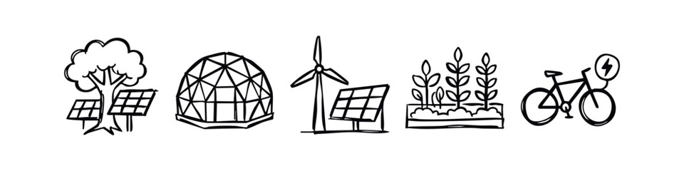 Doodle icons of eco-friendly elements: tree, solar panels, geodesic dome, wind turbine, plants, bicycle. © liubomir118809