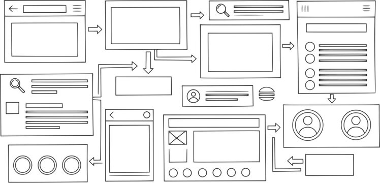 Detailed collection of abstract wireframe user interface and user experience design elements illustrating digital product development processes and interactive web application layouts