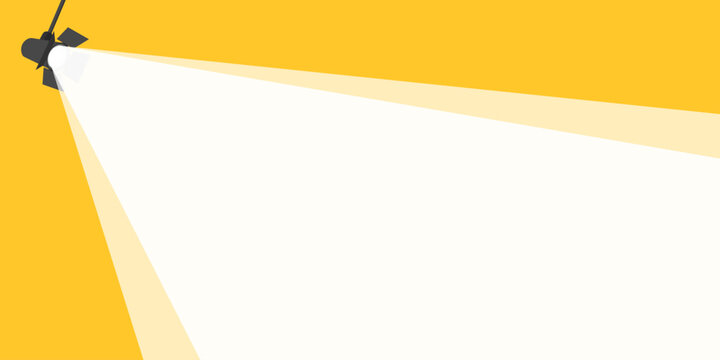 Wide spotlight beam from top left illuminating a large area on a vibrant yellow background with copy space