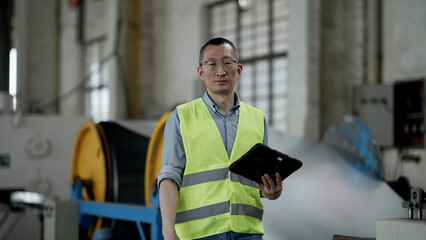 Engineer in factory holding tablet while inspecting industrial equipment