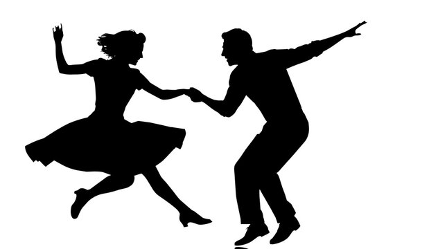 Silhouette couple dancing swing, isolated on transparent background