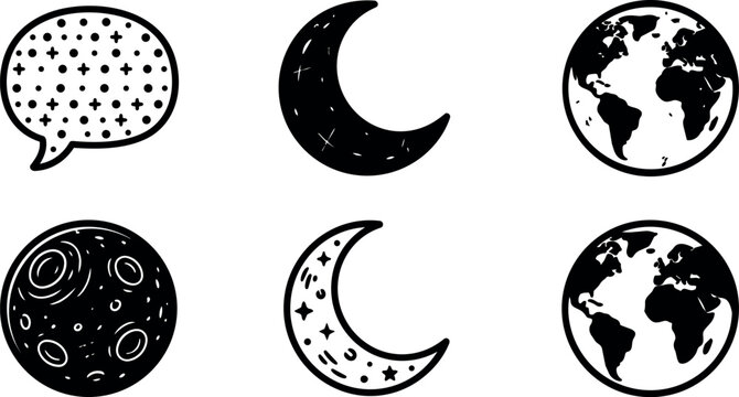 Black and white moon earth and speech bubble vector icons set
