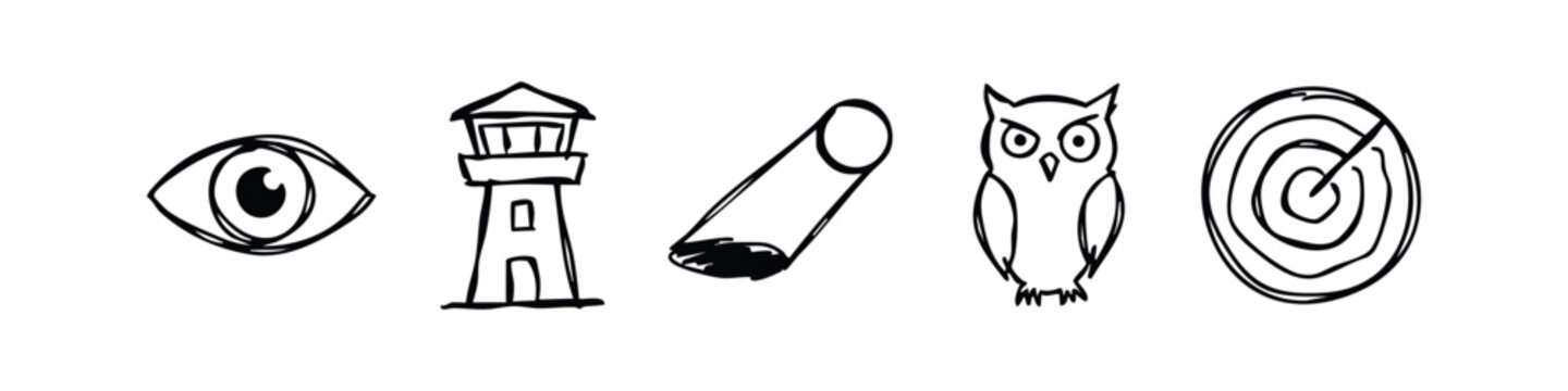 Hand-drawn Security and Observation Doodle Icons Set with Eye Tower Owl and Radar