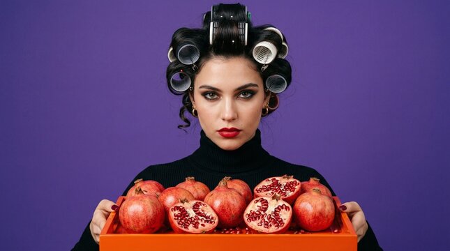 portrait of a woman showcasing a bold, avant-garde style. She features perfectly styled hair rollers with a teacup balanced on top, paired with vibrant red lipstick that matches the fresh, sliced pome