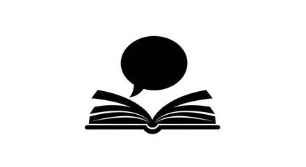 A simple black icon of an open book with a speech bubble above it on a white background