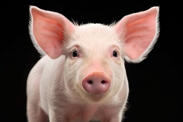 Fototapeta premium Cute pink piglet standing on farm grass in agriculture setting