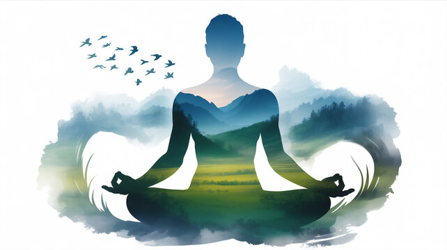 Digital art composition of a meditating figure with energy chakras.