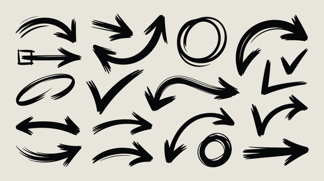 Collection of hand drawn black arrows and circular elements on a beige background