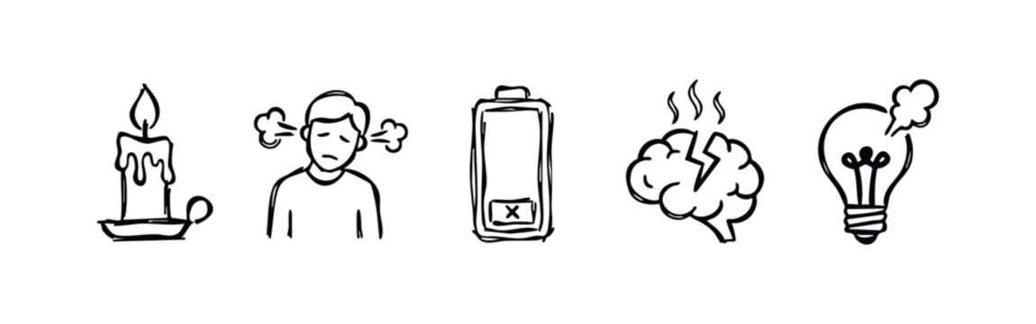 Hand Drawn Occupational Burnout and Stress Icon Set Showing Exhaustion Brain Damage and Low Energy