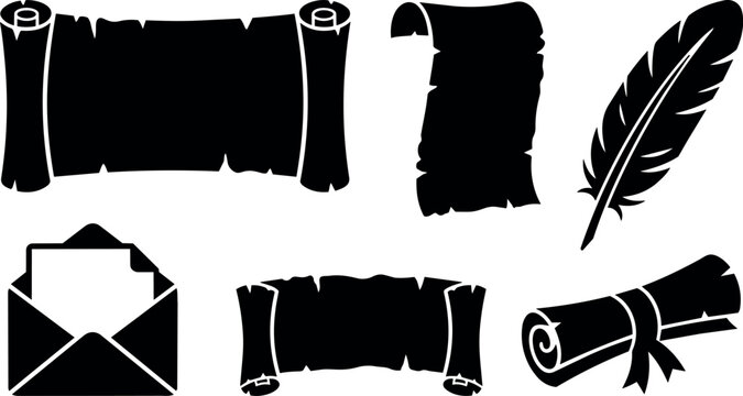 Black and white vintage scroll feather quill and envelope vector art