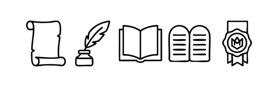 Historical Document and Writing Icon Set Linear Vector Scroll Book Quill and Stone Tablet Icons