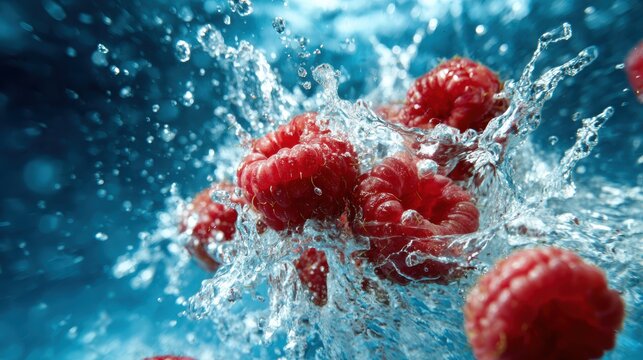 Fresh, juicy raspberries splash beautifully into crystal-clear water, creating stunning visual effects that highlight the dynamism and freshness of these delicious berries.