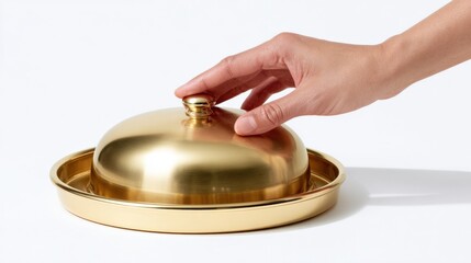 Human hand lifting gold serving dome on tray